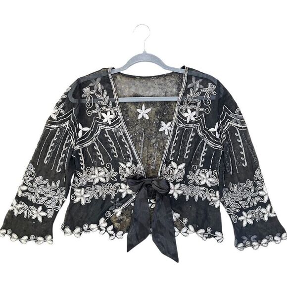 Papell Boutique Evening Jacket Women’s Small Silk Beaded Sheer Embroidered Fairy - Picture 1 of 13